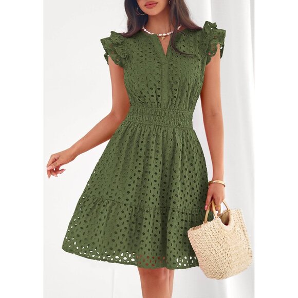 Women's Army Green V Neck Eyelet Cap Sleeve Summer Beach Vacation Sundresses - Picture 8 of 8